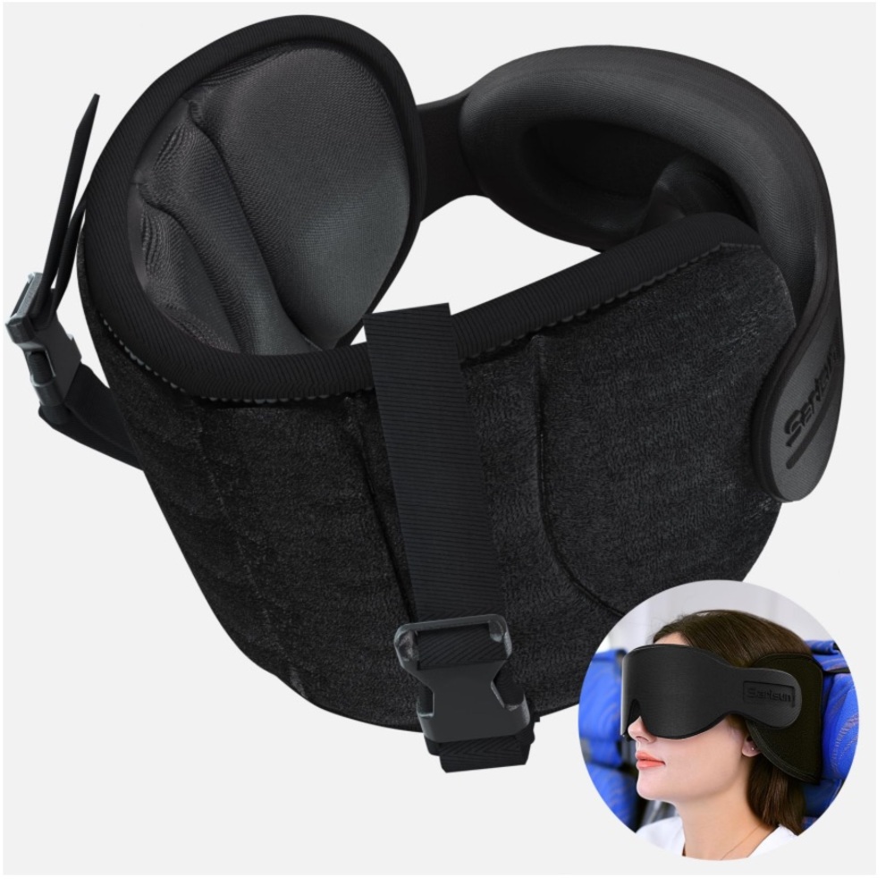 Black Travel Neck Pillow/Sleep Mask Combo with Storage Bag.